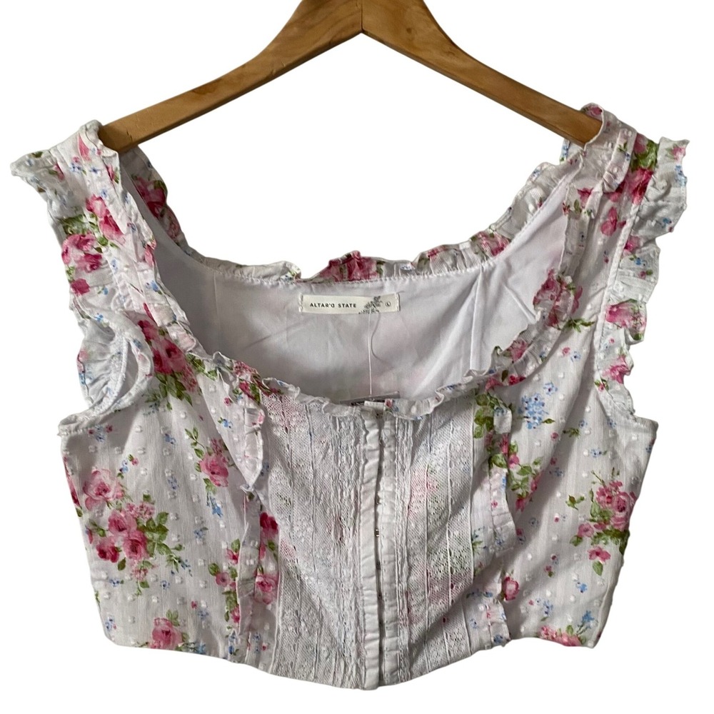 Altard State Sz Lg Cottagecore Floral Corset Top White Pink Lace Ruffle Crop